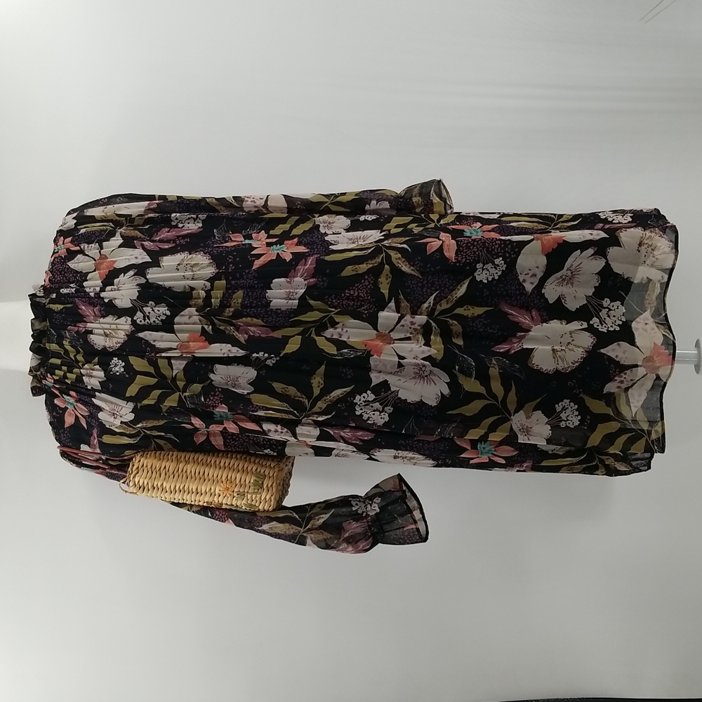 Tropical Boho Floral Flare Pleated Flattering Midi Dress Women Size S/M